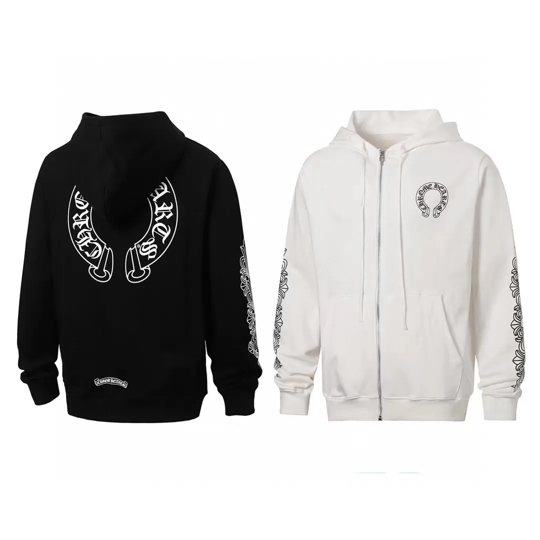 P240 Cross-border running quantity model, please do not place an order if you are pursuing quality - Chrome Hearts/Chrome Hearts 23ss scroll horseshoe print zipper sweatshirt cardigan jacket - High weight, high density and high quality. The wool is soft, delicate and skin-friendly. It feels soft and silky. It has excellent warmth and skin-friendly properties. - Custom-woven and dyed, no color difference. No matter the fabric or workmanship details, it beats the ordinary version on the market. - Hardware and zipper accessories are all customized, full of details - Color: black white -Size: S M L XL